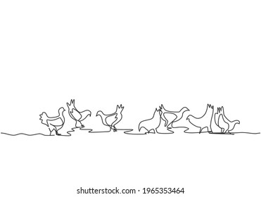 Single continuous line drawing of several chickens were playing in the fields while looking for food. Successful farming minimalism concept. Dynamic one line draw graphic design vector illustration