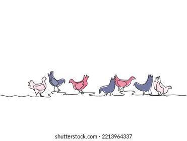 Single continuous line drawing of several chickens were playing in the fields while looking for food. Successful farming minimalism concept. Dynamic one line draw graphic design vector illustration