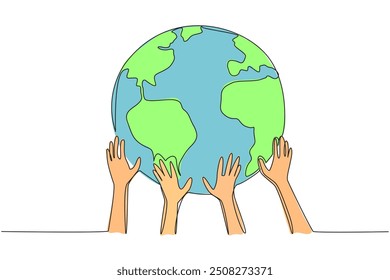 Single continuous line drawing several hands holding the globe from below. A real action to save our beloved planet earth. Keep it green and beautiful. Earth day. One line design vector illustration