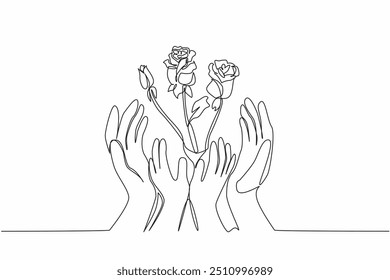 Línea continua única dibujando varios tallos de rosas. Atraer la atención de los Pequeños niños que quieren tenerla. Mantener la frescura. Día Nacional de las Flores. Ilustración vectorial de diseño de una línea