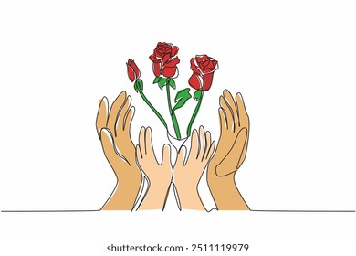 Línea continua única dibujando varios tallos de rosas. Atraer la atención de los Pequeños niños que quieren tenerla. Mantener la frescura. Día Nacional de las Flores. Ilustración vectorial de diseño de una línea