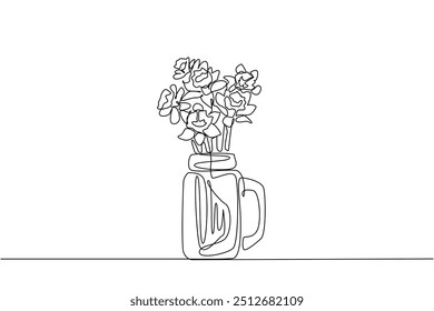 Línea continua única dibujando varios tallos de flores de narciso en jarrón de vidrio en forma de taza. Evita que se marchite. Las plantas herbarias tienen muchos beneficios. Día del narciso. Ilustración vectorial de diseño de una línea