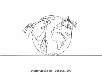 Single continuous line drawing several mosquitoes of various sizes stick to the globe. Massive spread of disease-carrying mosquitoes. Stop it. World Malaria Day. One line design vector illustration