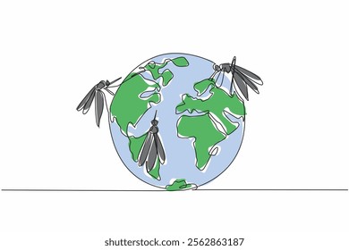 Single continuous line drawing several mosquitoes of various sizes stick to the globe. Massive spread of disease-carrying mosquitoes. Stop it. World Malaria Day. One line design vector illustration