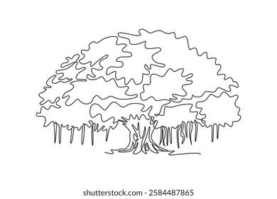 Single continuous line drawing of shady and leafy banyan tree wall decor home poster print. Decorative ficus benghalensis plant for national park logo. One line draw graphic design vector illustration