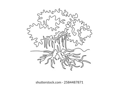 Single continuous line drawing shady and leafy banyan tree for wall decor home art poster. Decorative ficus benghalensis plant for national park logo. One line draw graphic design vector illustration