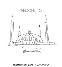 Single continuous line drawing Shah Faisal Mosque landmark. Beautiful famous place in Islambad, Pakistan. World travel home wall decor poster concept. Dynamic one line draw design vector illustration