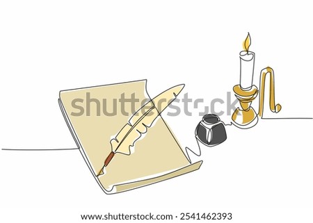 Single continuous line drawing a sheet of paper with quill. There is an inkwell to make writing easier. Recording culture through light language. World Poetry Day. One line design vector illustration