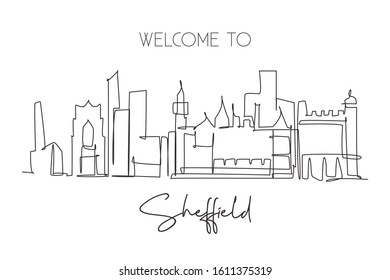 Single continuous line drawing Sheffield city skyline. Famous city skyscraper landscape in world. World travel campaign wall decor poster print concept. Modern one line draw design vector illustration