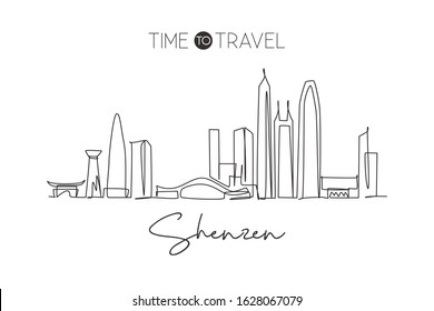 Single continuous line drawing Shenzhen city skyline, China. Famous city scraper and landscape home wall decor art poster print. World travel concept. Modern one line draw design vector illustration
