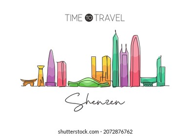 Single continuous line drawing Shenzhen city skyline, China. Famous city scraper and landscape home wall decor art poster print. World travel concept. Modern one line draw design vector illustration