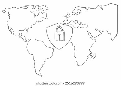 Linha contínua única desenhando o escudo e cadeado com fundo de mapa mundial. O mundo está conectado através da internet. Proteja a privacidade. Dia da Privacidade de Dados. Ilustração de vetor de design de uma linha