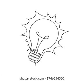 Single continuous line drawing of shining lightbulb for creativity logo label. Power innovation logotype symbol template concept. Dynamic one line draw graphic vector illustration