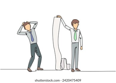 Single continuous line drawing of shocked businessman is shown the bill by his business partner. Many bills have entered the deadline to be paid right now. Debt. One line design vector illustration svg