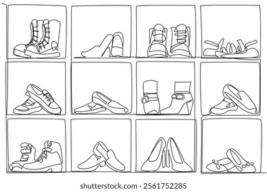 Single continuous line drawing shoe cabinet with compartments filled with various types of shoes. Shoe collection with various purposes. Neat. Get Organized Day. One line design vector illustration