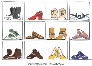 Single continuous line drawing shoe cabinet with compartments filled with various types of shoes. Shoe collection with various purposes. Neat. Get Organized Day. One line design vector illustration