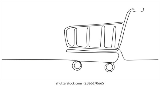 Single continuous line drawing of a shopping cart, symbolizing online purchases and supermarket retail. Minimalist linear design with a 'Buy Now' trolley concept. doodle vector illustration.