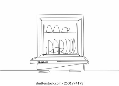 Single continuous line drawing shows the performance results of the dishwasher machine. Can clean quickly. Save time. Modern. National Dishwasher Appreciation Day. One line design vector illustration