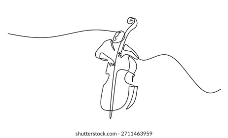 Um único desenho de linha contínua mostra um músico tocando o contrabaixo. Conceito simples para um festival de jazz ou concerto de orquestra clássica. Ilustração do vetor de minimalismo com traçado editável.