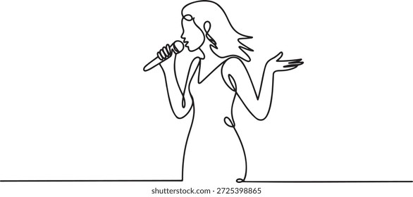 Un solo dibujo de línea continua muestra a una cantante femenina actuando dinámicamente con un micrófono. Esta obra de arte minimalista captura la energía y la pasión de la música, la actuación en vivo y el entretenimiento. Simboliza el arte, el talento vocal, la presencia escénica y la alegría del canto, adecuado para temas relacionados con conciertos, eventos musicales y expresiones creativas. El diseño transmite emoción y movimiento a través de líneas simples.