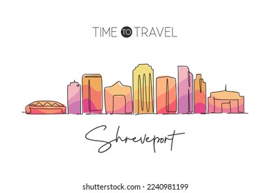 Single continuous line drawing of Shreveport skyline, Louisiana. Famous city scraper landscape. World travel home wall decor art poster print concept. Modern one line draw design vector illustration