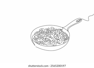 Single continuous line drawing Shrimp scampi served using pan. Cooked, garnished and served in one place. A delicious high protein meal. National Shrimp Scampi Day. One line design vector illustration