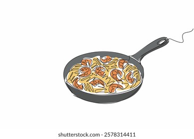 Single continuous line drawing Shrimp scampi served using pan. Cooked, garnished and served in one place. A delicious high protein meal. National Shrimp Scampi Day. One line design vector illustration