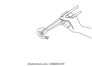 Single continuous line drawing shrimp clamped by wooden chopsticks. Enjoy a savory and protein packed meal. A savory delicacy. Delicious. National Shrimp Day. One line design vector illustration