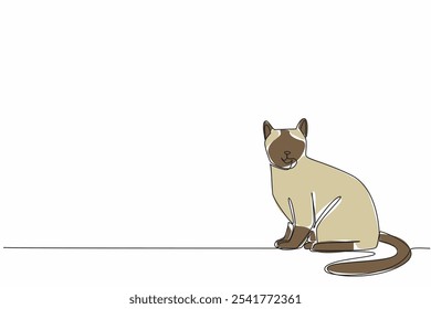 Single continuous line drawing the siamese cat posing. Resting time at home. Pay attention to the surroundings. Tired of playing. Break. National Siamese Cat Day. One line design vector illustration