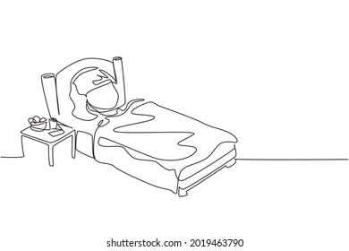 Single continuous line drawing sick girl with high fever. Child is sick with flu or coronavirus. Kid lying in bed feel so bad with fever. Healthcare symbol. Dynamic one line draw graphic design vector