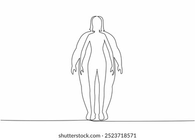 Silhueta de desenho de linha contínua única de uma mulher de corpo magro dentro de uma silhueta de corpo gordo. Impacto psicológico. Lutando para ter o corpo ideal. Dia Mundial da Obesidade. Ilustração de vetor de design de uma linha