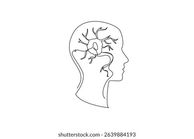 Single continuous line drawing silhouette of head with multiple sclerosis nerve in the middle. Chronic diseases affect the brain. World Multiple Sclerosis Day. One line design vector illustration