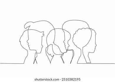 Single continuous line drawing silhouettes of children's heads overlapping each other. Awareness of down syndrome. Having equal rights. World Down Syndrome Day. One line design vector illustration