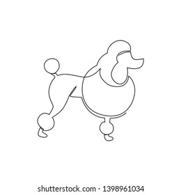 Single continuous line drawing of simple cute poodle puppy dog icon. Pet animal logo emblem vector concept. Modern one line draw design graphic illustration