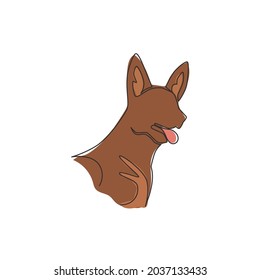 Single continuous line drawing of simple cute german shepherd puppy dog head icon. Pet animal logo emblem vector concept. Modern one line draw design graphic illustration