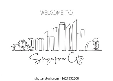Single continuous line drawing of Singapore city skyline. Famous city scraper and landscape. World travel concept home decor wall print poster art. Modern one line draw design vector illustration