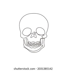 Single continuous line drawing sketch skull. Hand drawn anatomical skulls in front projection. Tattoo artwork, anatomy face halloween horror vector elements. Dynamic one line draw graphic design