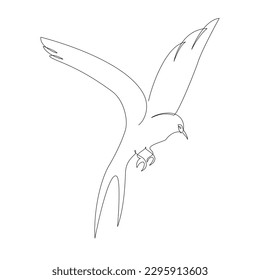 Single continuous line drawing sketch of a flying swallow bird on a white background