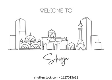 Single continuous line drawing of Skopje city skyline, Macedonia. Famous city scraper landscape. World travel concept home wall decor art poster print. Modern one line draw design vector illustration