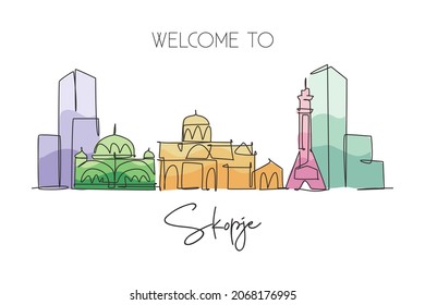 Single continuous line drawing of Skopje city skyline, Macedonia. Famous city scraper landscape. World travel concept home wall decor art poster print. Modern one line draw design vector illustration