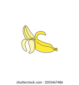 Single continuous line drawing slice ripe healthy organic banana orchard logo identity. Fresh tropical fruitage concept for fruit garden icon. Modern one line graphic draw design vector illustration
