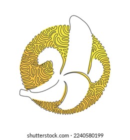 Single continuous line drawing slice ripe healthy organic banana orchard logo. Fresh tropical fruitage concept for fruit garden icon. Swirl curl circle background style. One line draw design vector
