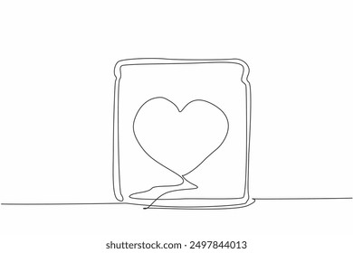 Single continuous line drawing slice of bread spread with peanut butter shape of heart. Two combinations to add deliciousness. National Peanut Butter Lover’s Day. One line design vector illustration