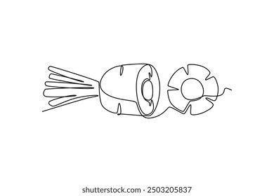 Single continuous line drawing slice healthy organic carrots pile for farm logo identity. Fresh biennial plant concept for root vegetable icon. Dynamic one line draw graphic design vector illustration