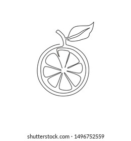 Single continuous line drawing of sliced healthy organic orange for orchard logo identity. Fresh tropical fruitage concept for fruit drink icon. Modern one line draw design graphic vector illustration