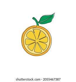 Single continuous line drawing of sliced healthy organic orange for orchard logo identity. Fresh tropical fruitage concept for fruit drink icon. Modern one line draw design graphic vector illustration