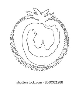 Single continuous line drawing sliced healthy organic tomato for farming logo identity. Fresh tropical vegetable concept for vegie garden icon. Swirl curl circle background style. One line draw vector