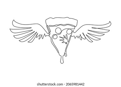 Single continuous line drawing sliced pizza with wings. Flat isolated pizza, meal, delivery, cafe, fun illustration with olives and sausage. Love pizza for cafe. One line draw graphic design vector