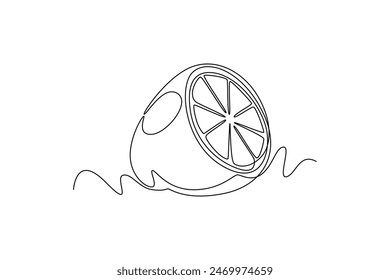 Single continuous line drawing sliced healthy organic lemon for orchard logo identity. Fresh lemonade fruitage concept for fruit garden icon. Dynamic one line draw graphic design vector illustration