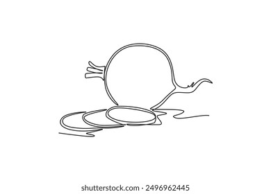 Single continuous line drawing sliced healthy organic white turnip for plantation logo identity. Fresh veggie concept for root vegetable icon. Dynamic one line draw graphic design vector illustration